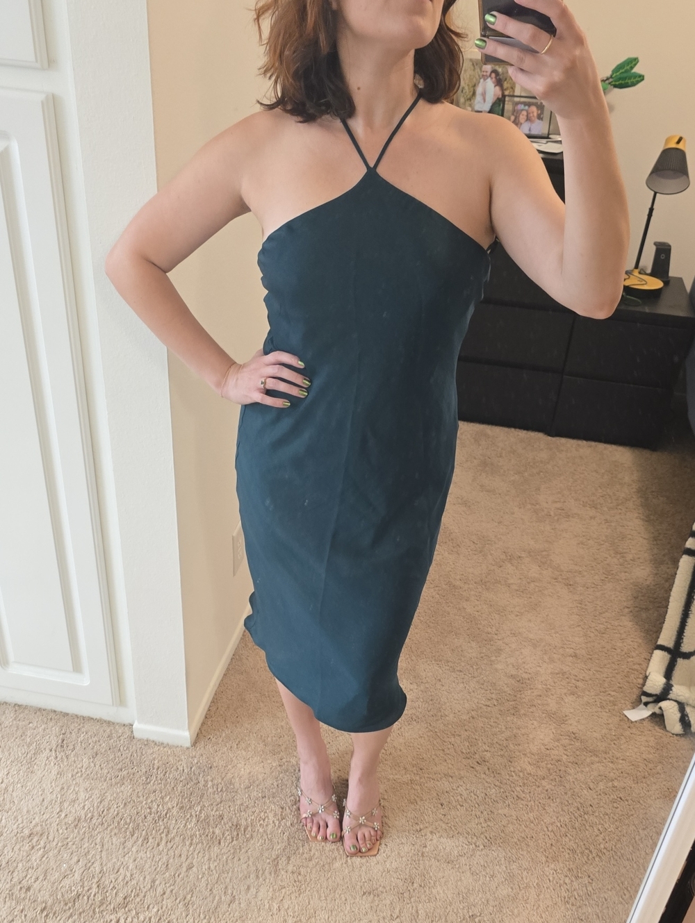 Strappy Halter Slip Dress in Dark Teal/Green